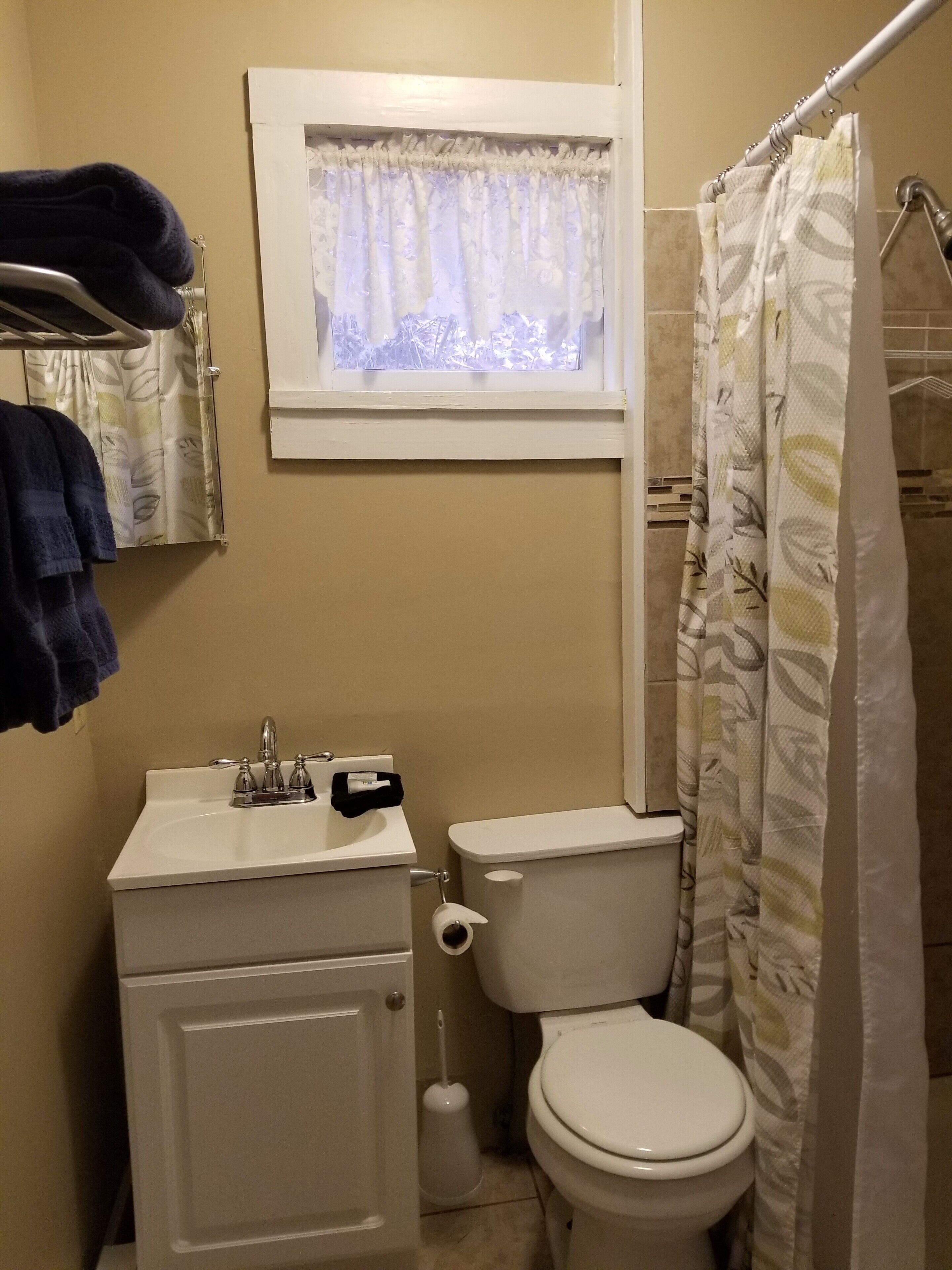 A bathroom with a toilet, sink, and shower curtain.