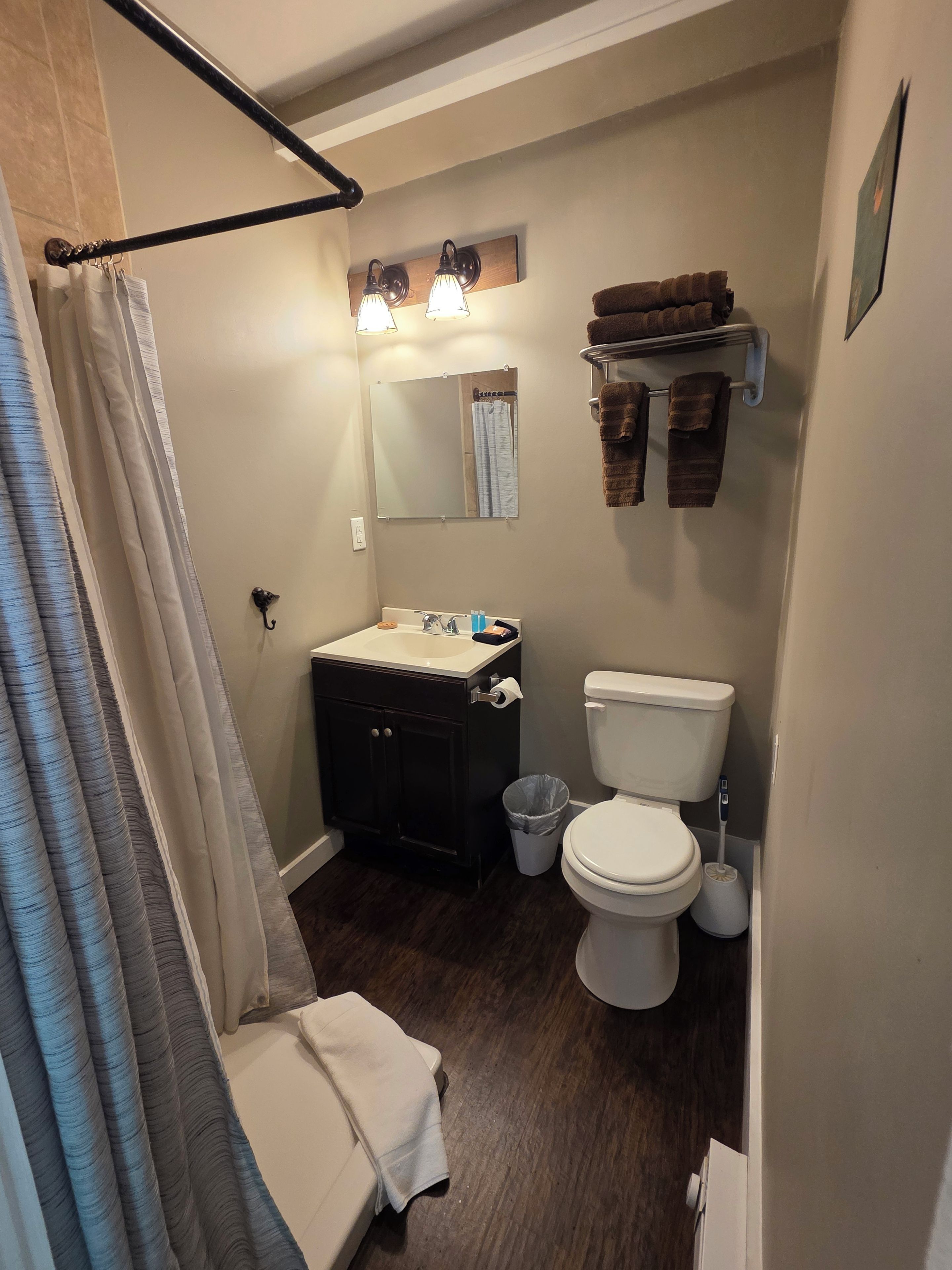 A bathroom with a toilet, sink, and a towel rack.