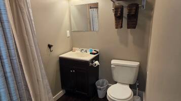 A bathroom with a toilet, sink, and a towel rack.
