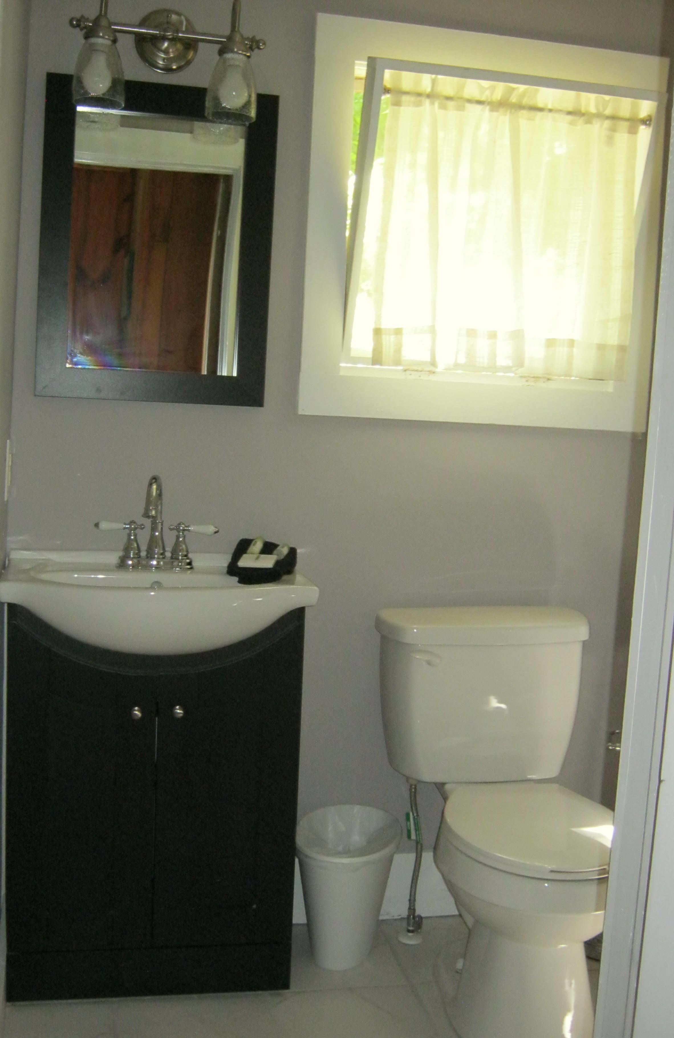 A bathroom with a sink, mirror, toilet, and a window with curtains.