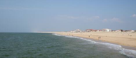 A beach with a sandy shore and a building complex in the background.
