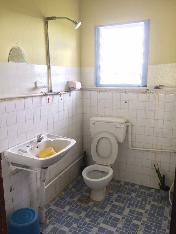 A small bathroom with a toilet, sink, and a window.