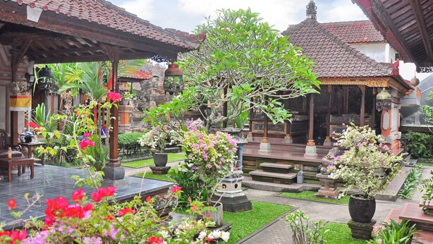 Un patio tradicional con bancos de piedra, plantas en macetas y un árbol central.