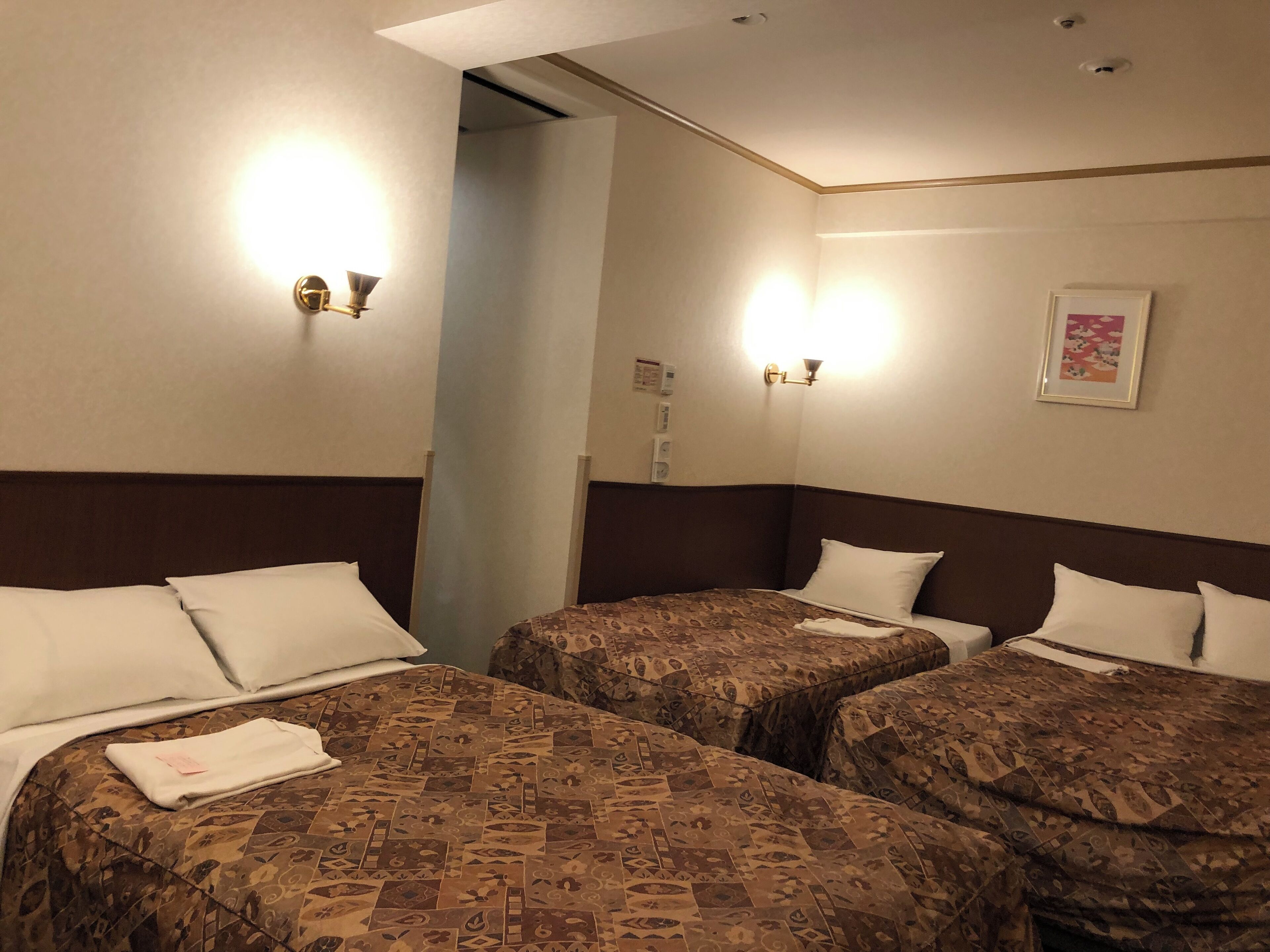 Habitación de hotel con dos camas, cada una con una colcha estampada y almohadas blancas. Hay lámparas fijadas a la pared y un cuadro enmarcado.
