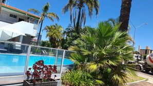 A swimming pool surrounded by palm trees and a concrete planter with red flowers.