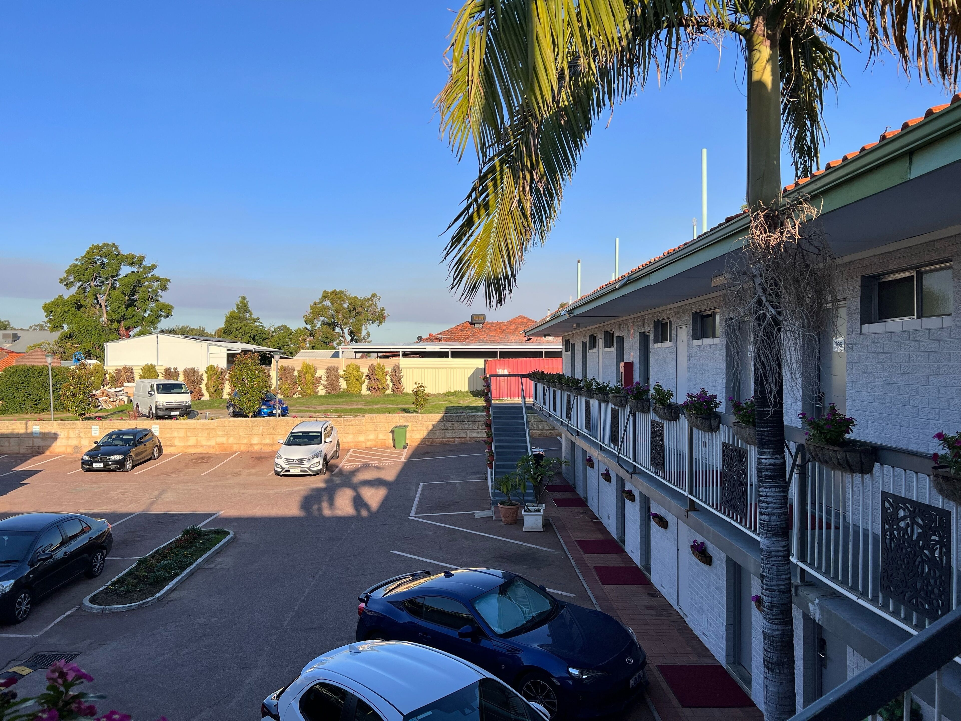 Un estacionamiento con varios coches, un edificio de techo rojo y una palmera.