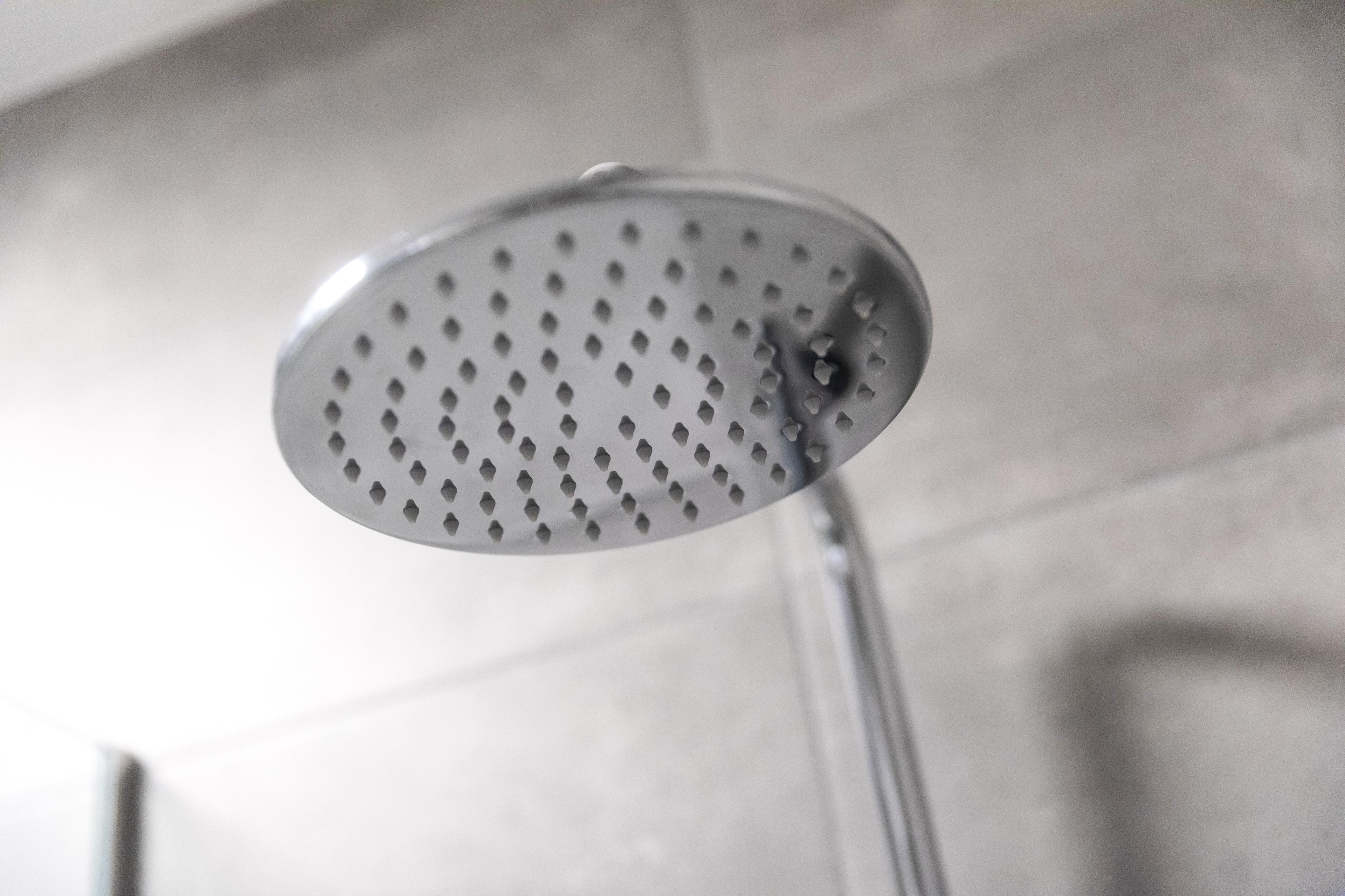 A showerhead with a circular design and multiple holes.