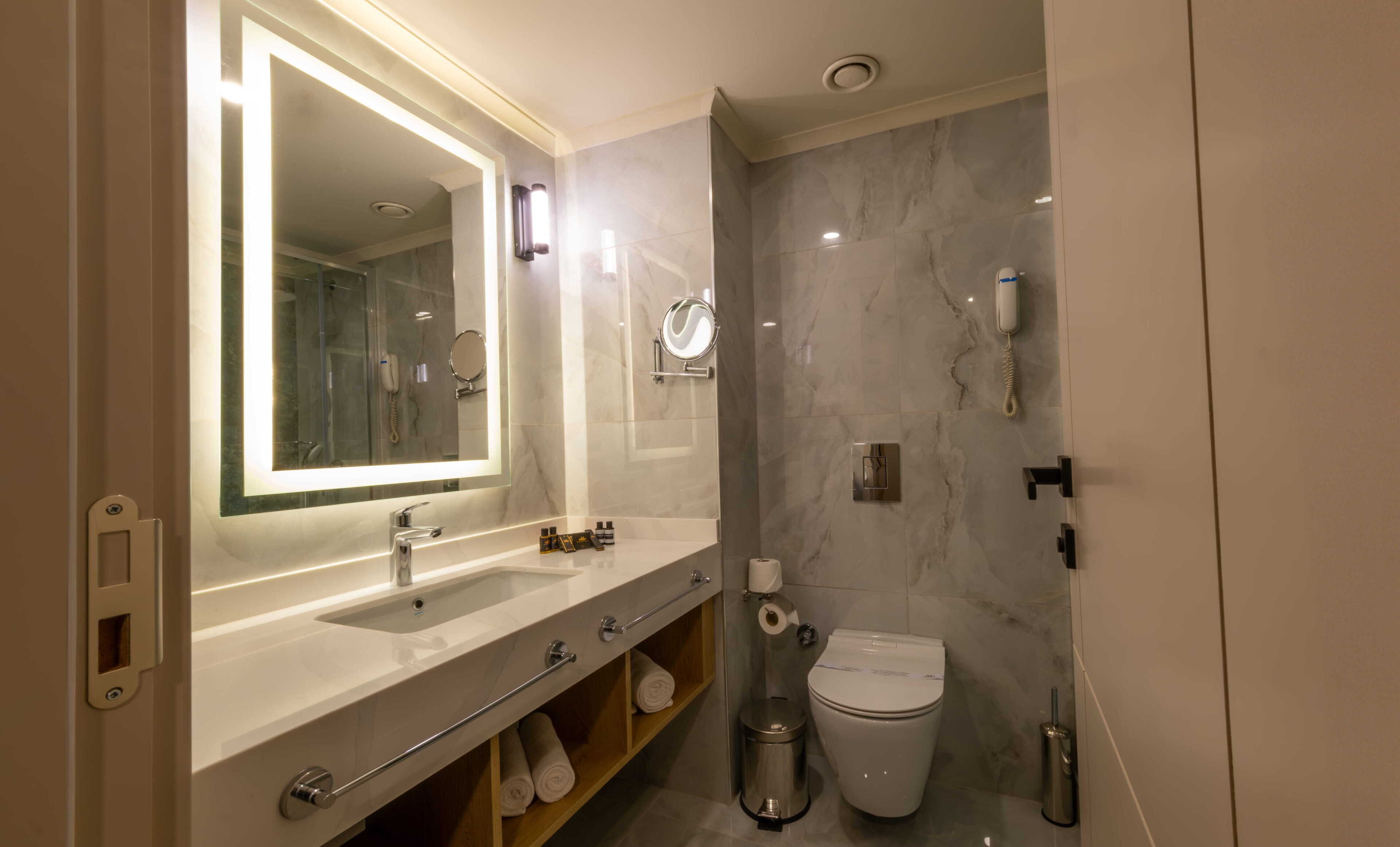 Une salle de bain moderne avec un grand miroir, un lavabo, des toilettes et un espace douche.