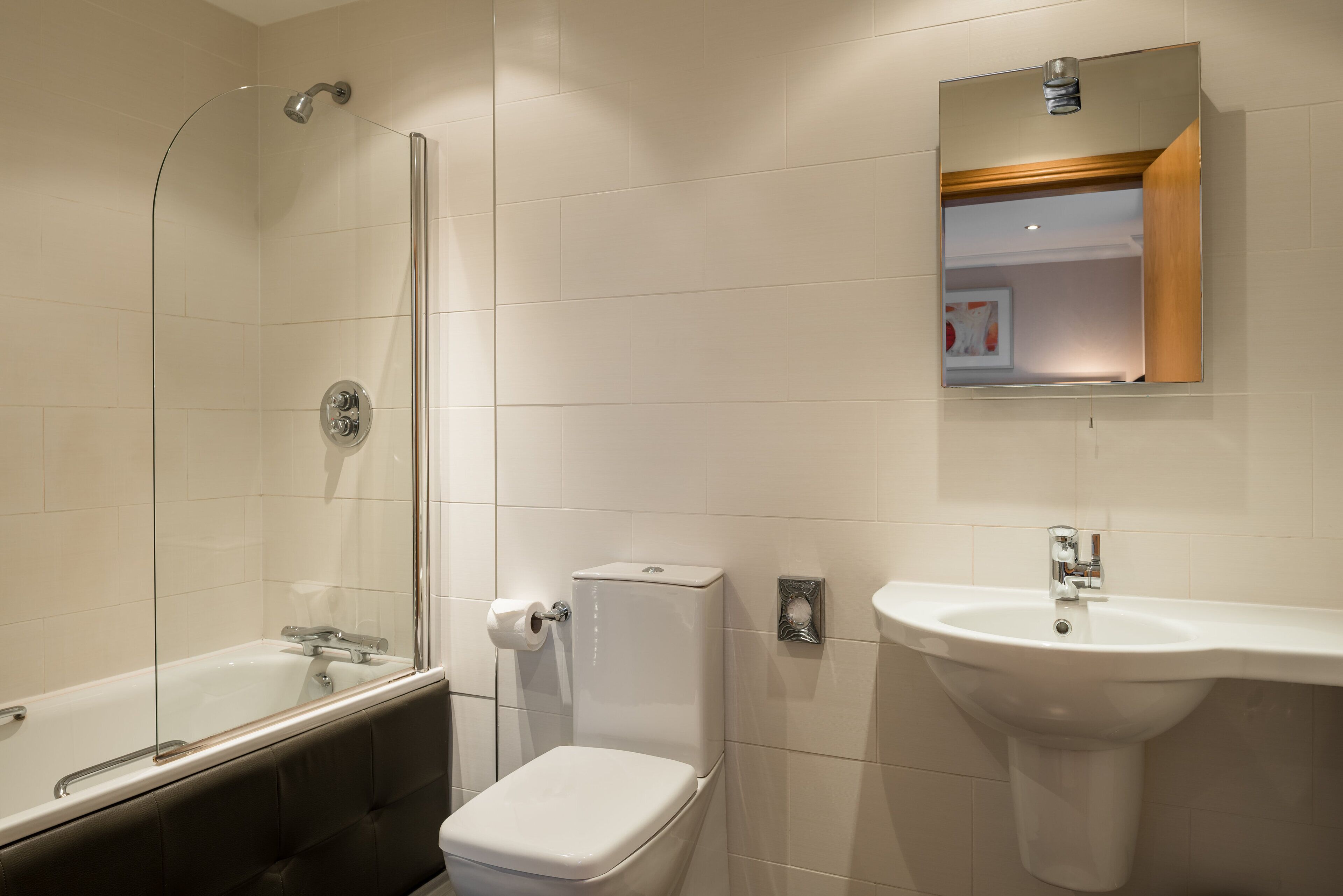 combined shower/bathtub, free toiletries, hair dryer, towels