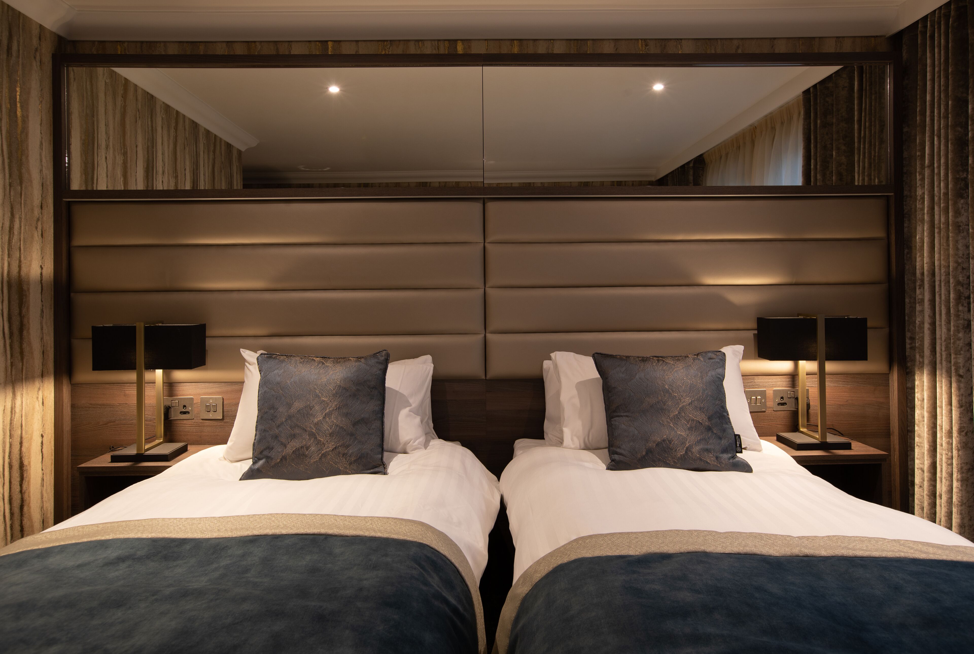 desk, laptop workspace, blackout curtains, iron/ironing board