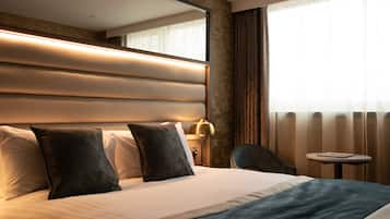 Desk, laptop workspace, blackout curtains, iron/ironing board