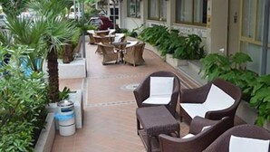 An outdoor seating area with wicker furniture and potted plants. - Hotel Arena (Cattolica)