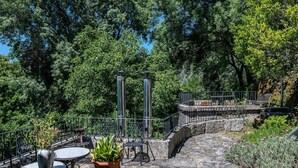 An outdoor patio with stone flooring, metal railings, and potted plants. - Casa Rural O'Pozo (Cerdedo-Cotobade)