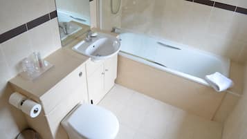 Separate tub and shower, free toiletries, hair dryer, towels