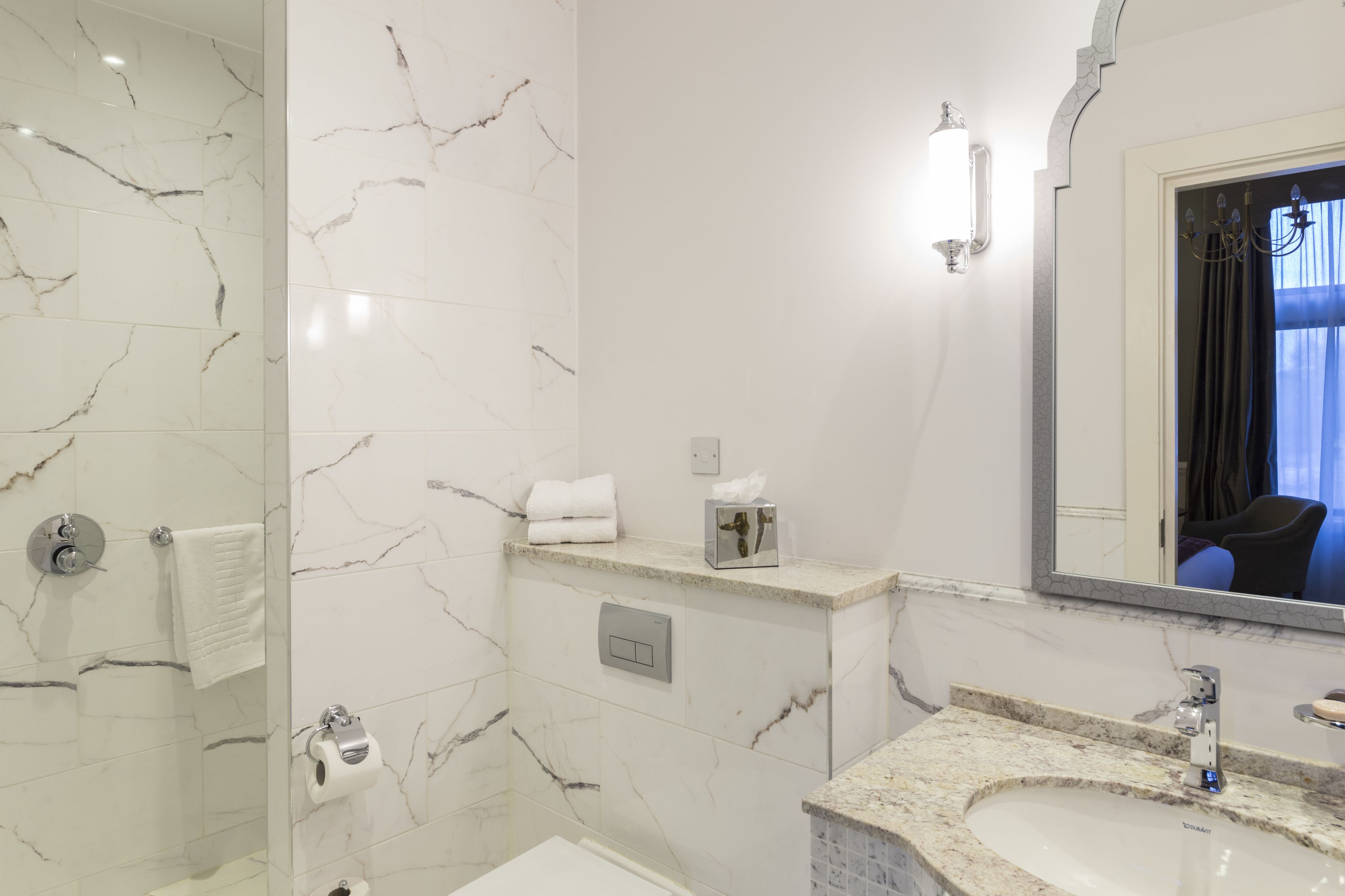 shower, hair dryer, bathrobes, towels