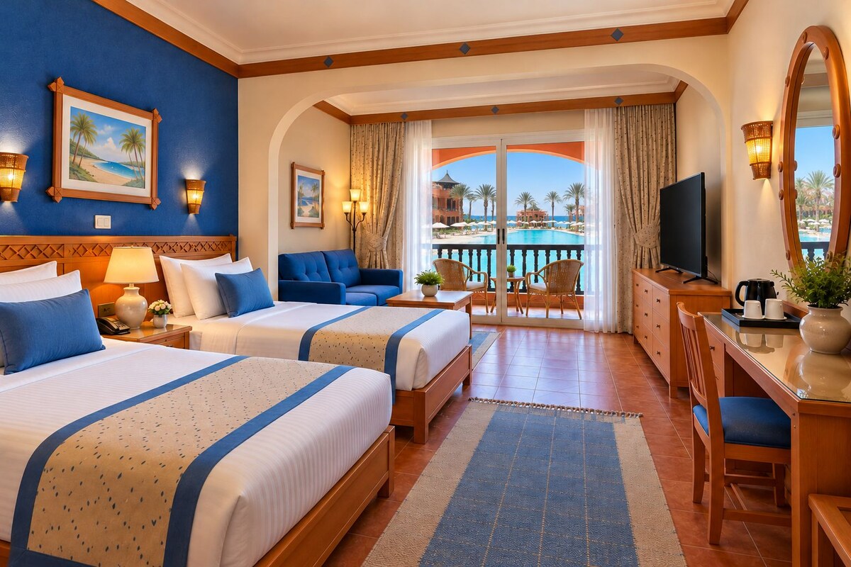 A hotel room with two beds, a desk, a television, and a view of a pool.