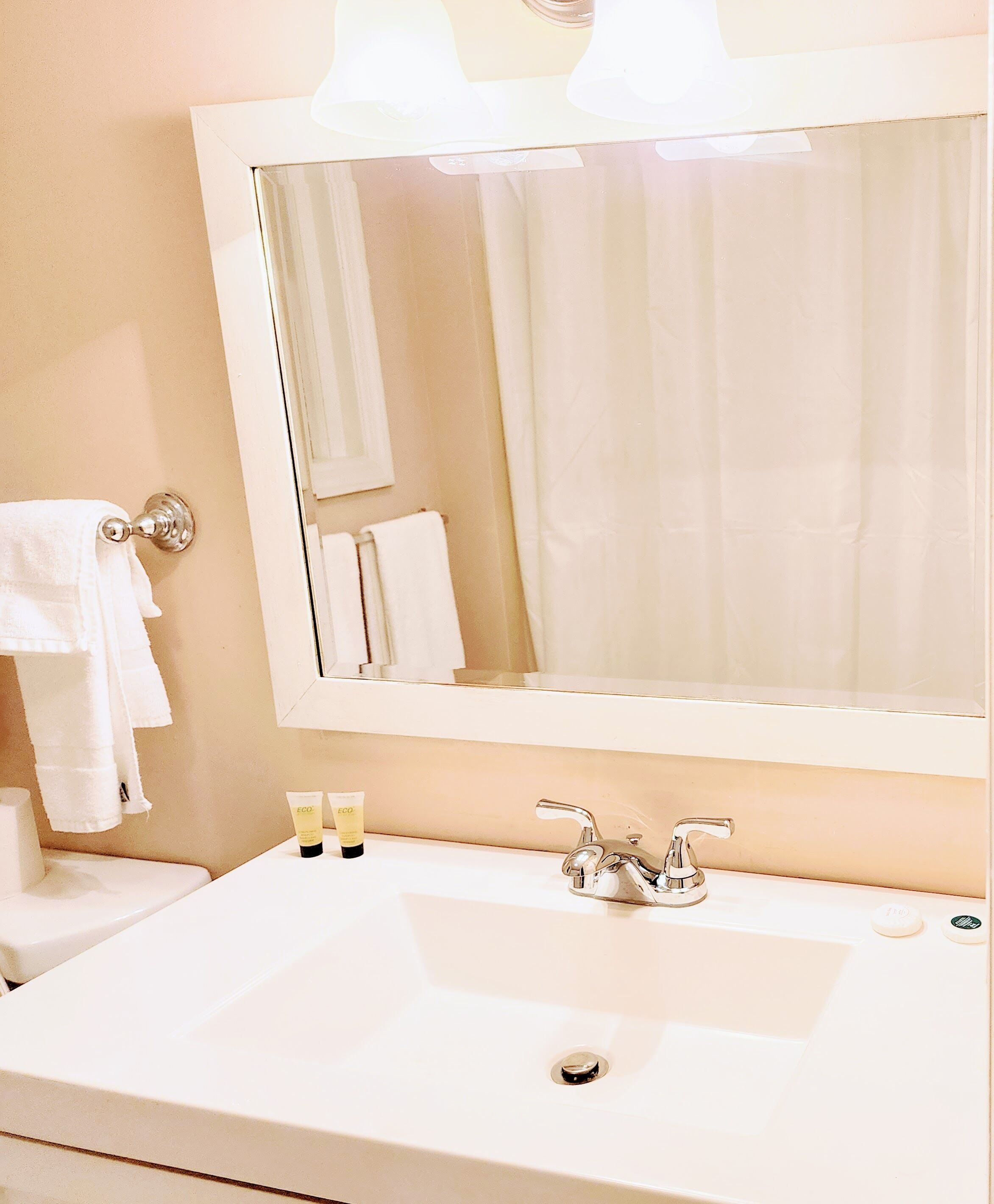 A bathroom with a large mirror, white sink, and two bottles of lotion.