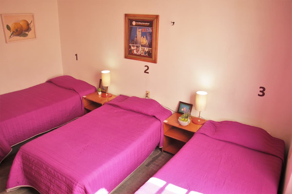 A room with three beds, each with a purple bedspread and a nightstand with a lamp. There is a framed picture on the wall above the beds.