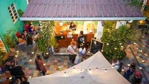 An outdoor dining area with tables and chairs, surrounded by greenery and string lights. - Hostal Providencia - Hostel (Santiago)