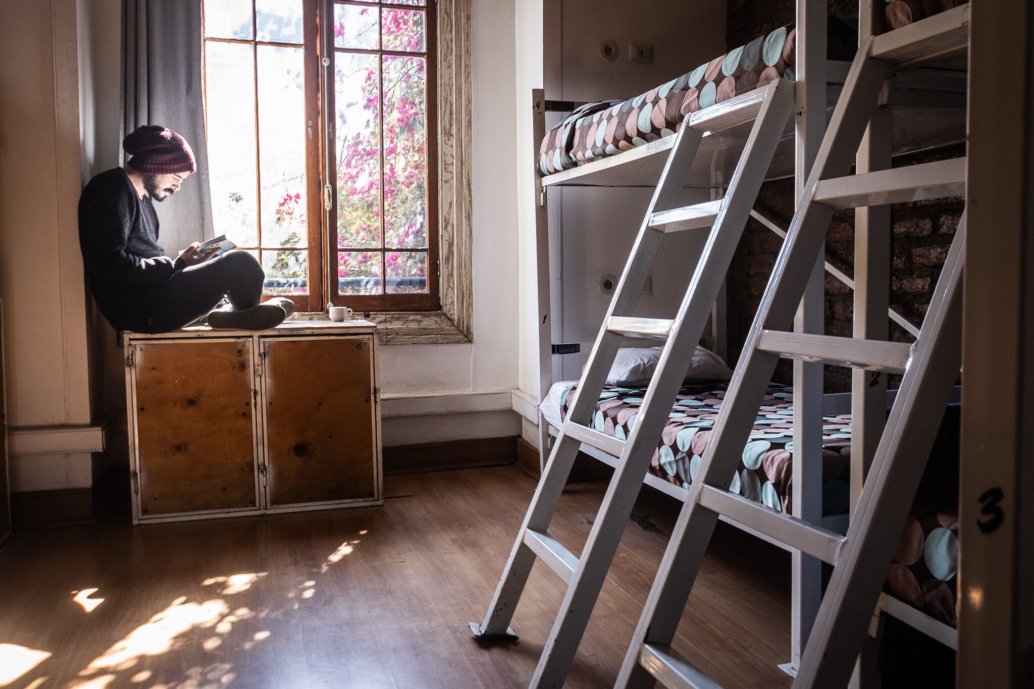 A room with a bunk bed, a ladder, and a person reading a book by a window.