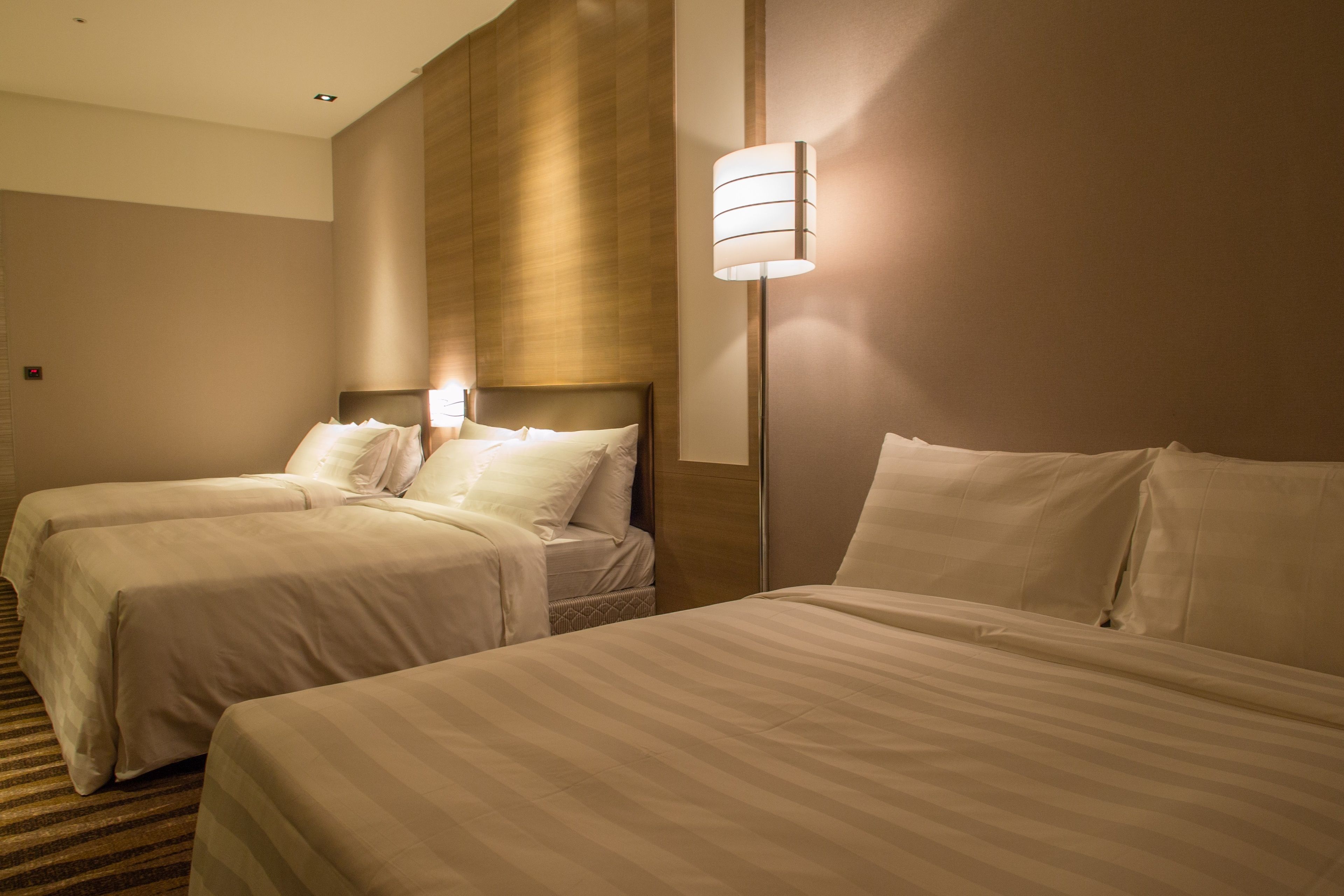 Una habitación de hotel con dos camas, cabeceros y lámparas de noche.