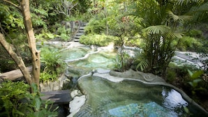 A natural hot spring area with clear water, surrounded by lush greenery and stone steps leading into the water. - Wareerak Hot Spring & Wellness (Khlong Thom)