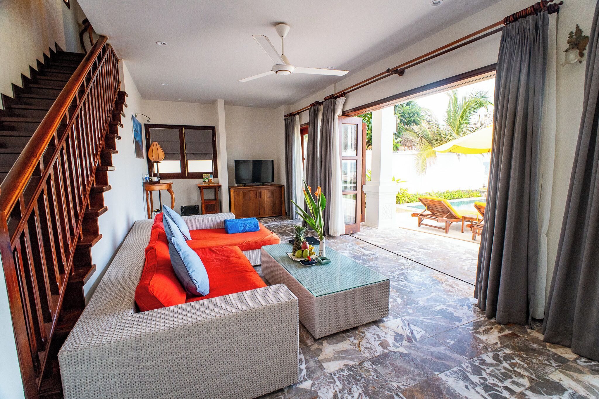 beach front private pool villa | living area | 21-inch tv with cable channels