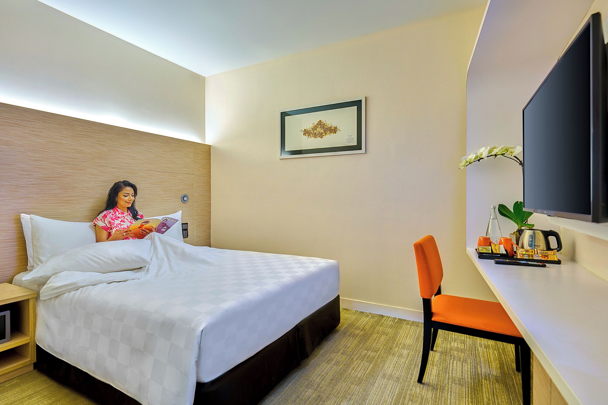 A hotel room with a bed, a desk with a chair, a television, and a framed picture on the wall.