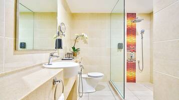 Shower, free toiletries, hair dryer, slippers
