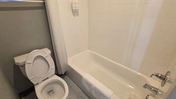 Combined shower/tub, free toiletries, hair dryer, towels