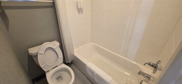 Combined shower/tub, free toiletries, hair dryer, towels