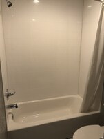Combined shower/tub, free toiletries, hair dryer, towels