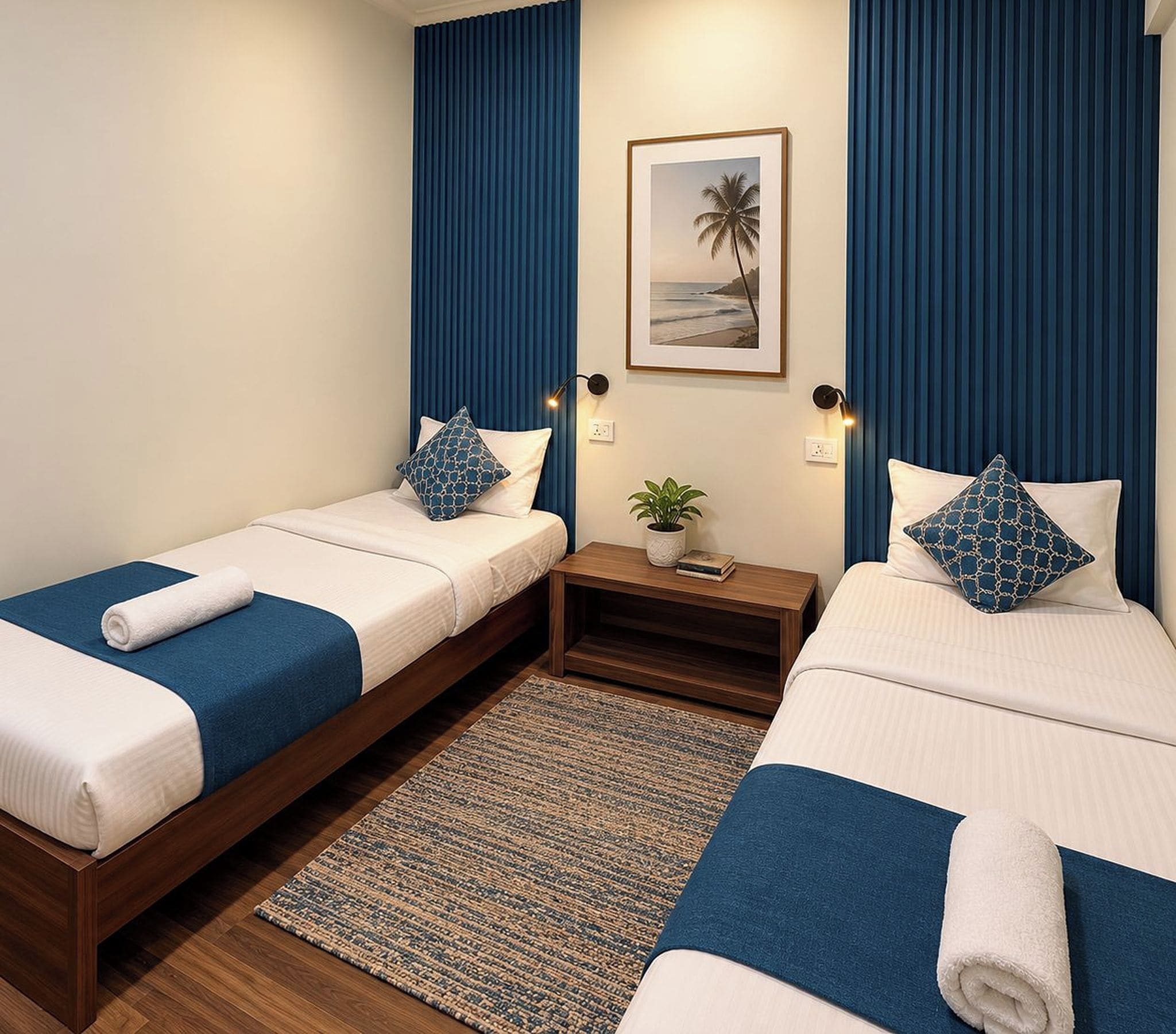 Habitación de hotel con dos camas individuales, una mesita de noche con una planta y un cuadro en la pared.