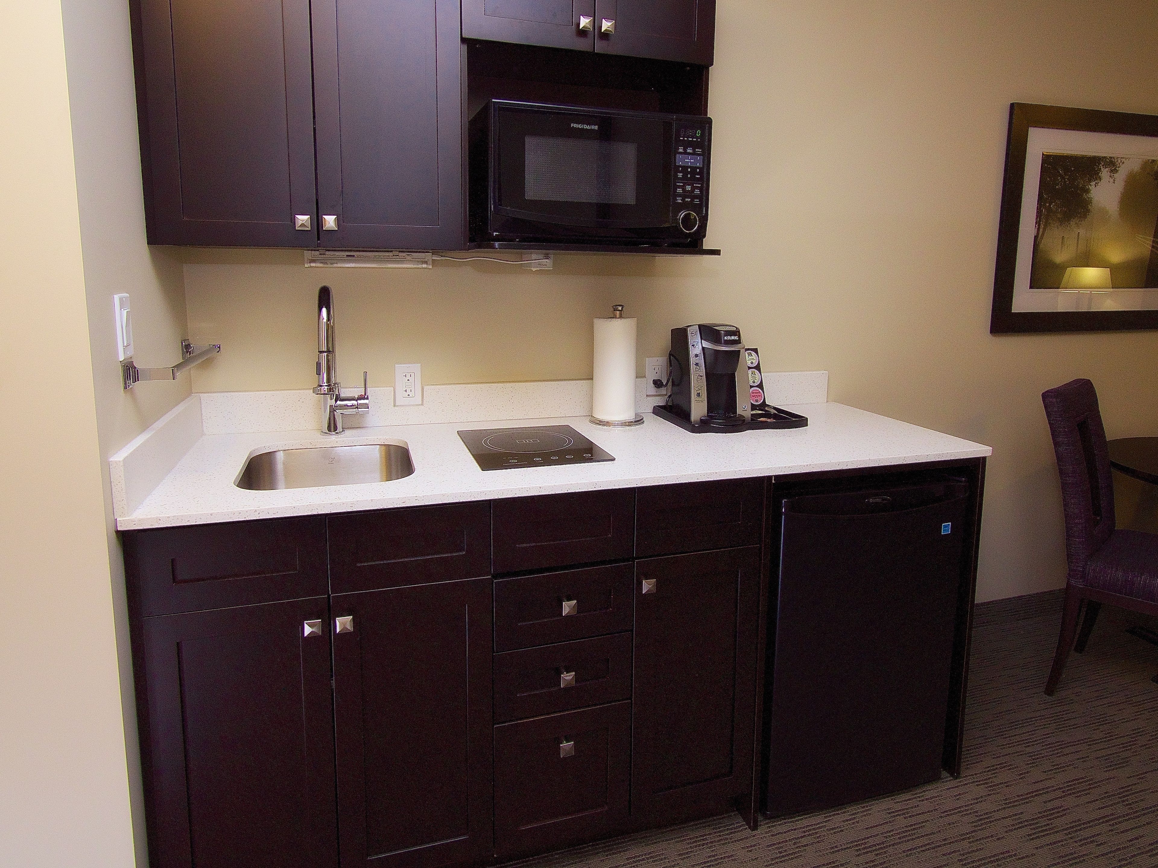 mini-fridge, microwave, coffee/tea maker, electric kettle