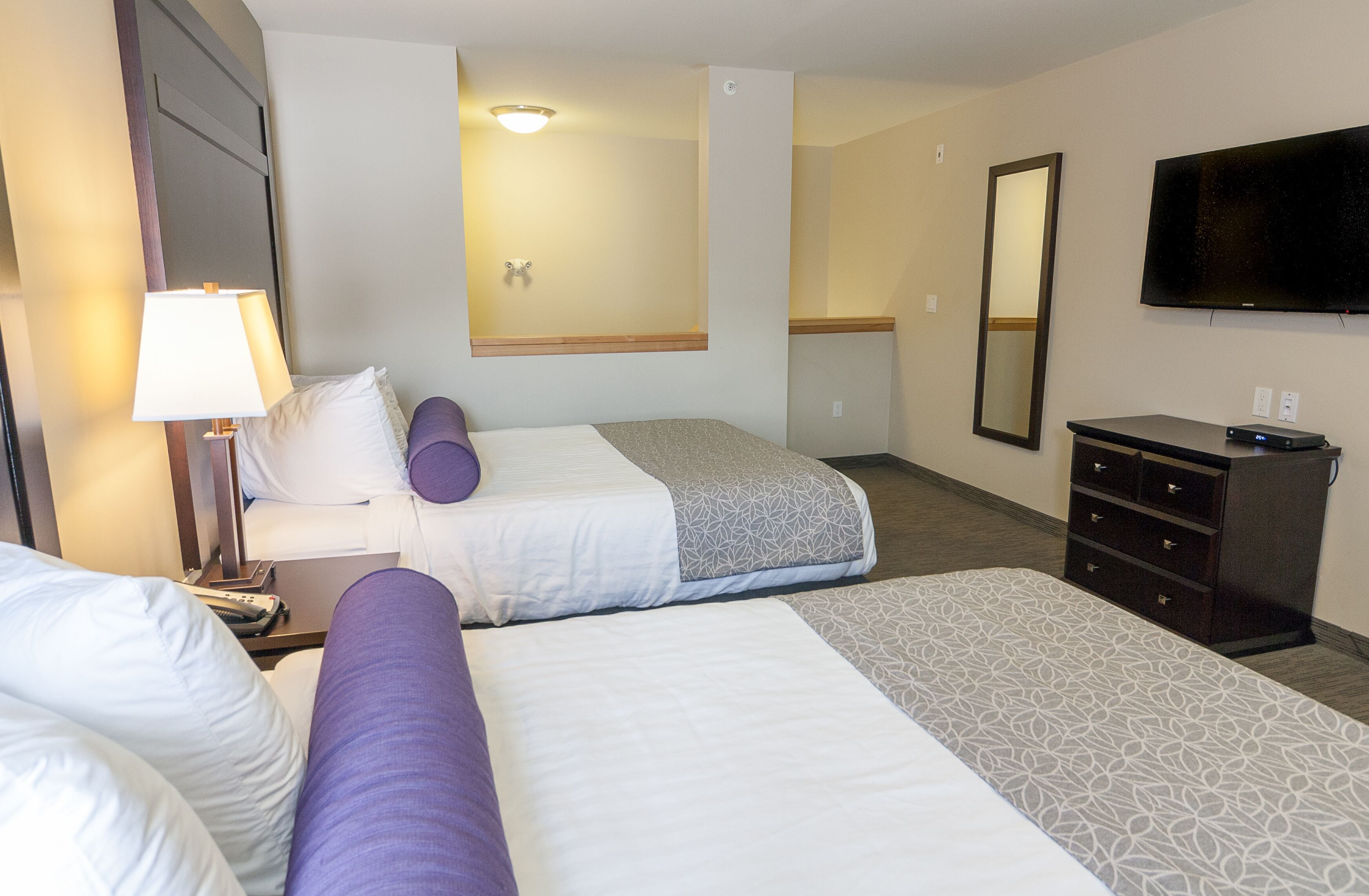 A hotel room with two beds, a TV, a dresser, and a mirror.