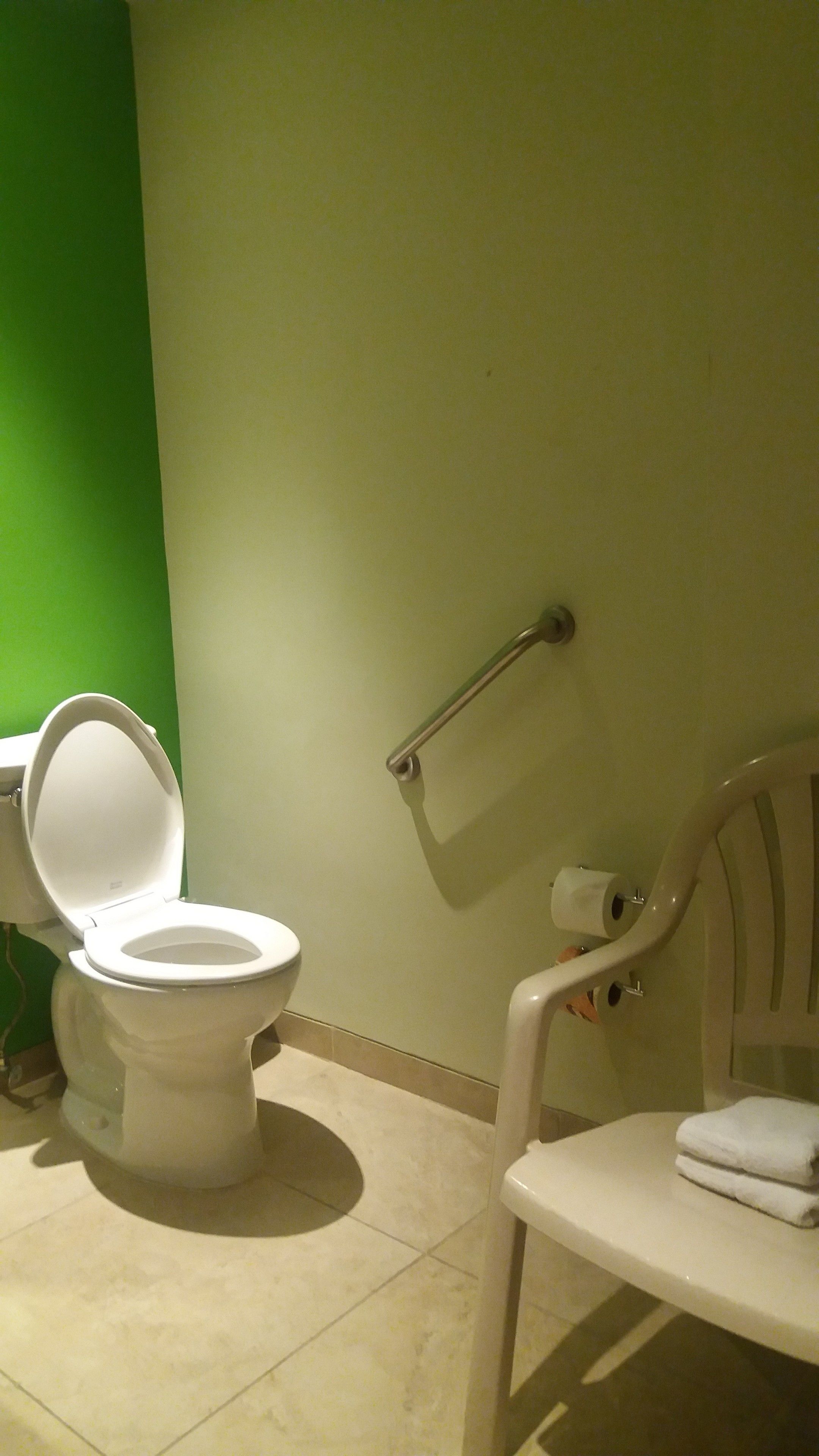 Une salle de bain équipée de toilettes, d’une barre d’appui et d’une chaise.