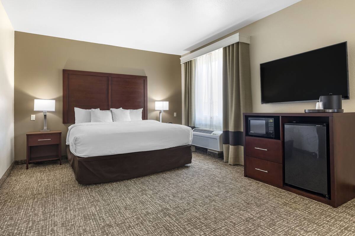 A hotel room with a large bed, two bedside tables with lamps, a flat-screen TV, a minibar, and an air conditioning unit.