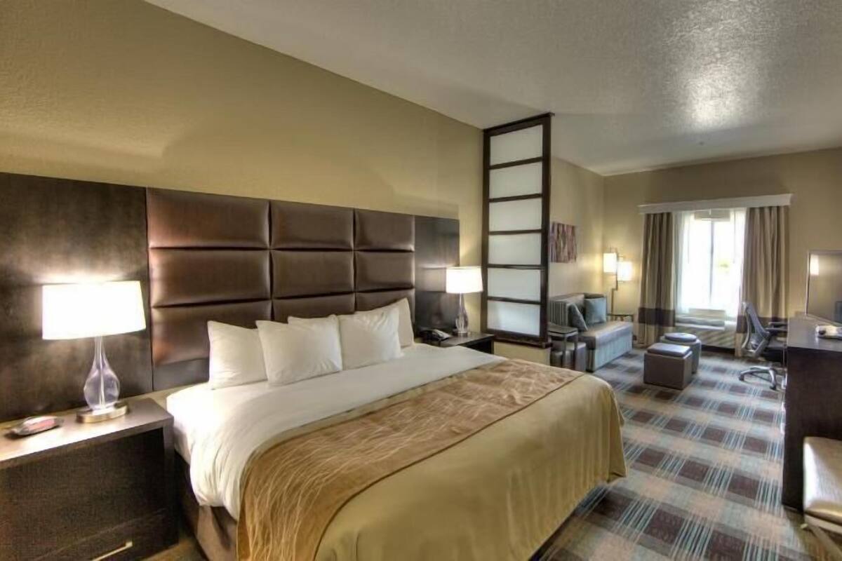 A hotel room with a large bed, a desk, a chair, a TV, and a view of the outdoors.
