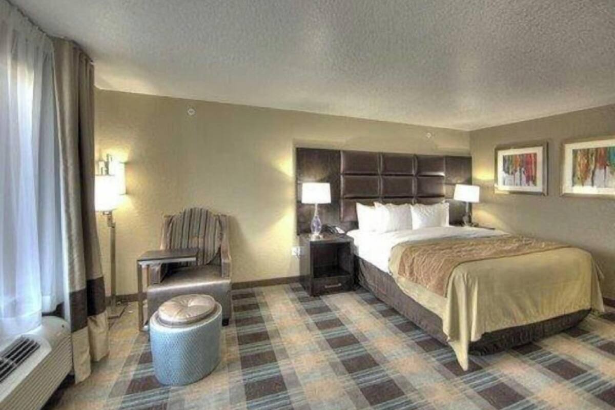 A hotel room with a bed, a chair, a lamp, a waste basket, and a painting on the wall.
