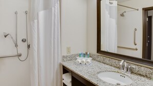 Une salle de bain équipée d’une douche, de barres d’appui, d’un lavabo et d’un miroir.