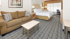 Una habitación de hotel con cama, sofá, escritorio y silla.