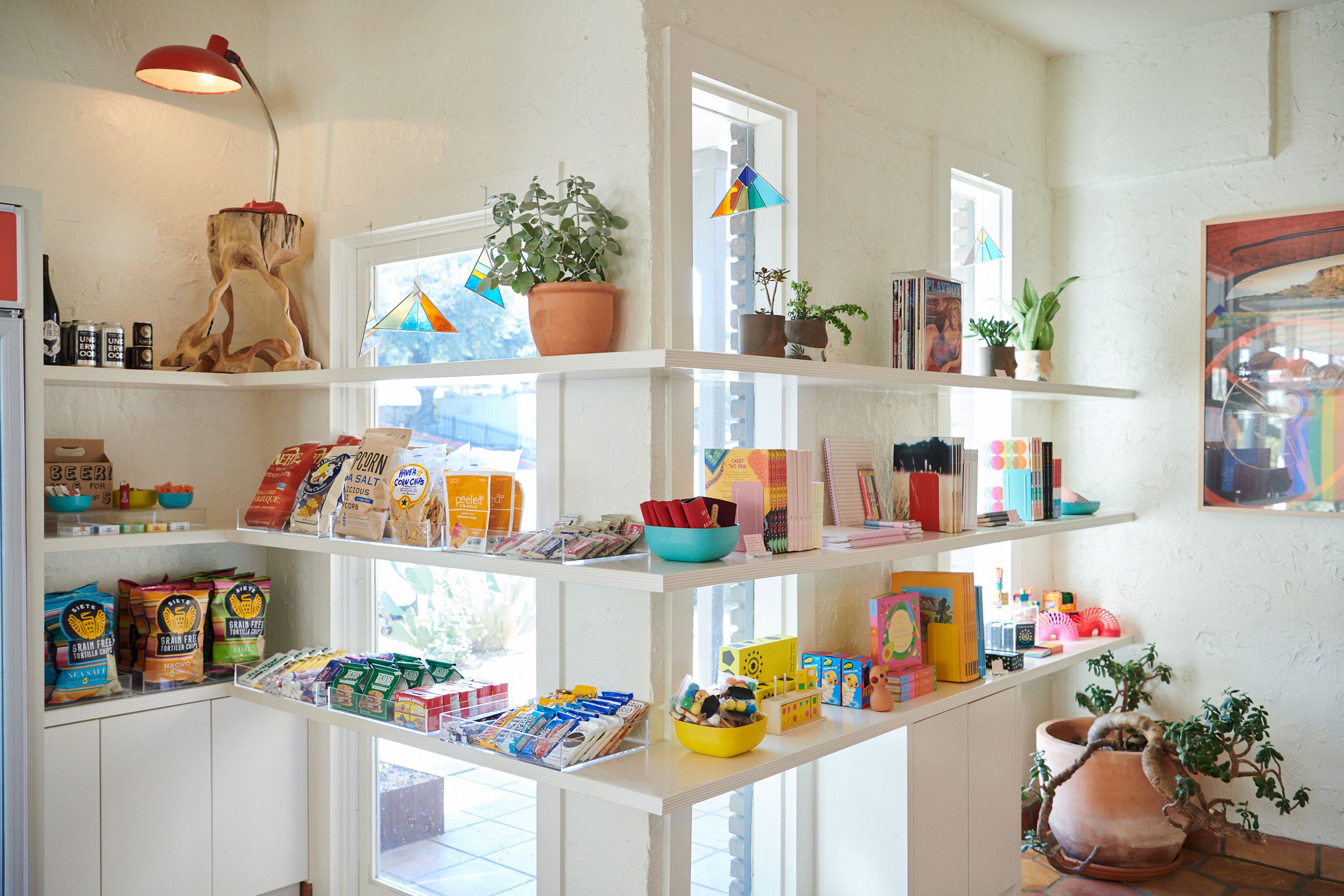 A room with white shelves filled with various items, including books, plants, and kitchen supplies.