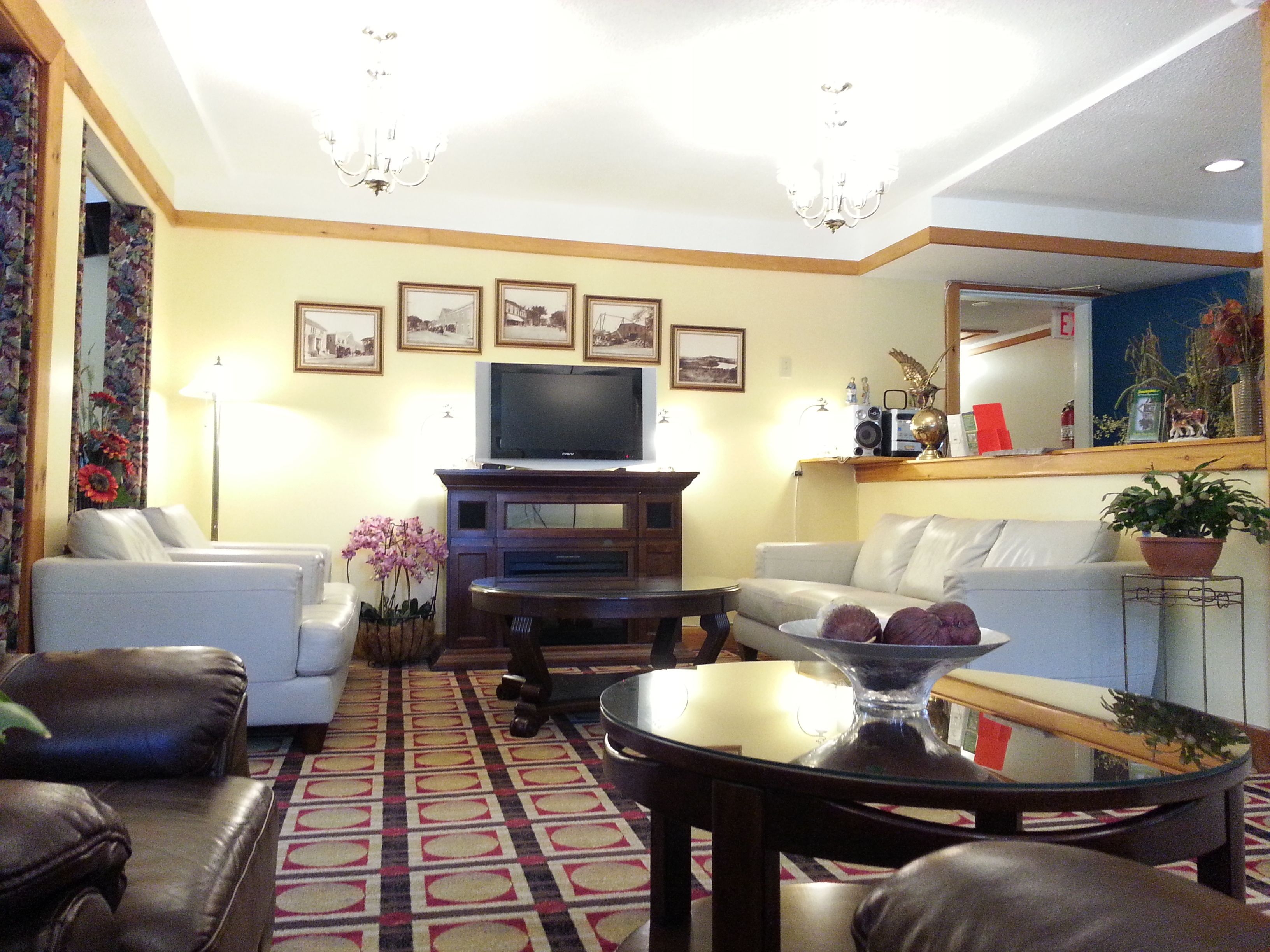 A living room with a television, two sofas, a coffee table, and a patterned rug.