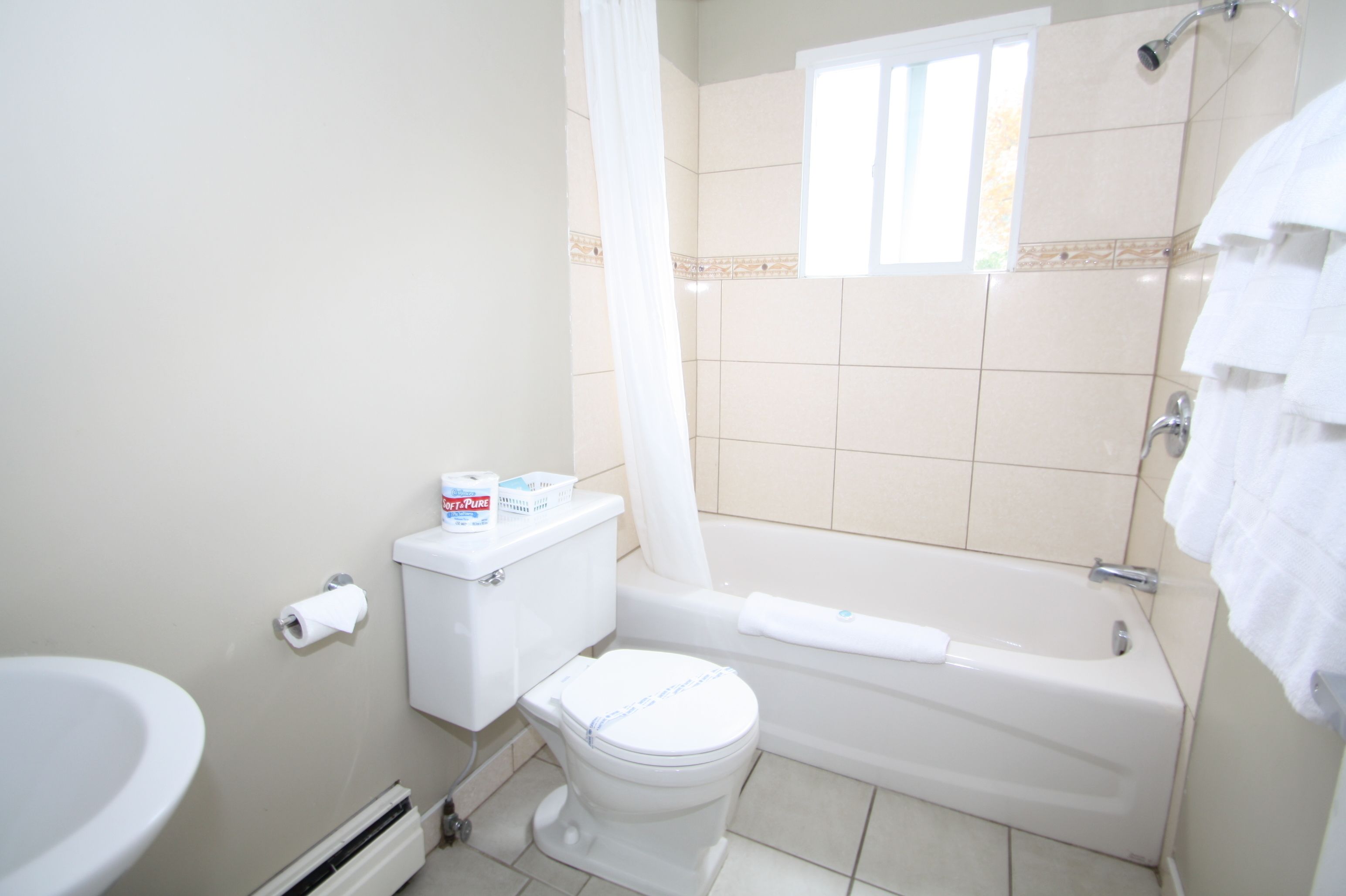 A bathroom with a toilet, a bathtub, and a shower.