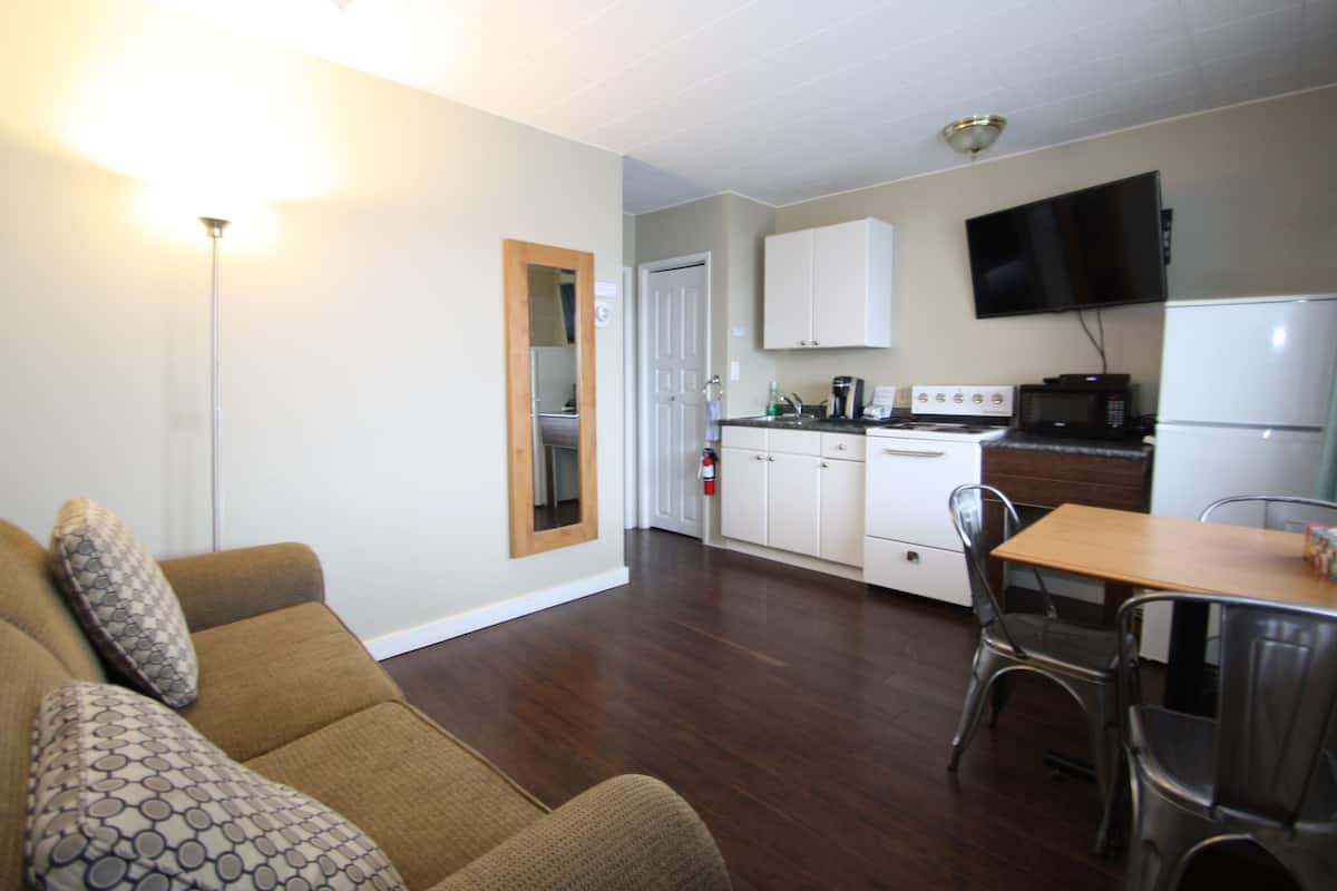 A living room with a sofa and a dining area with a table and chairs. There is a kitchen area with cabinets, a microwave, and a television.