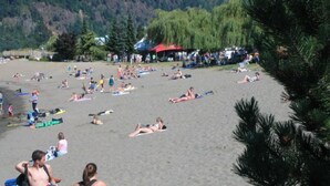 A beach with people sunbathing and swimming. - Harrison Spa Motel (Harrison Hot Springs)