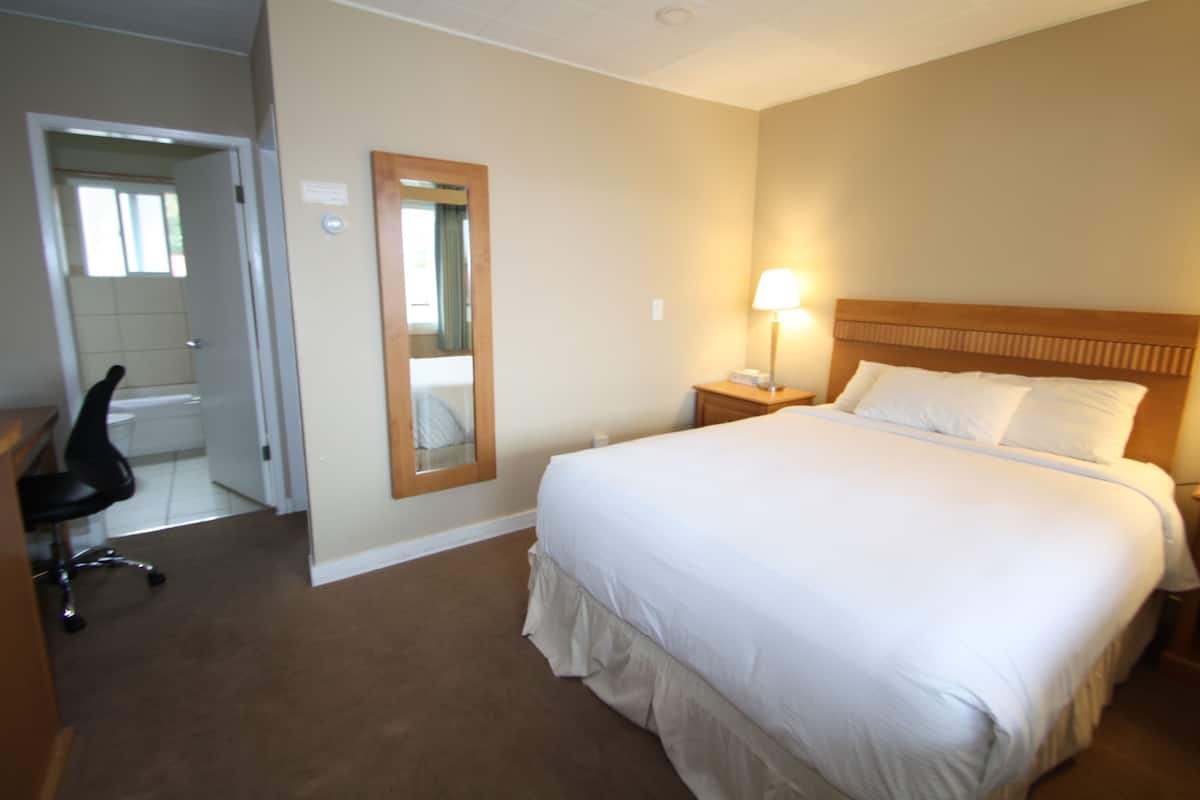 A hotel room with a large bed, a bedside table with a lamp, a chair, and a mirror on the wall.