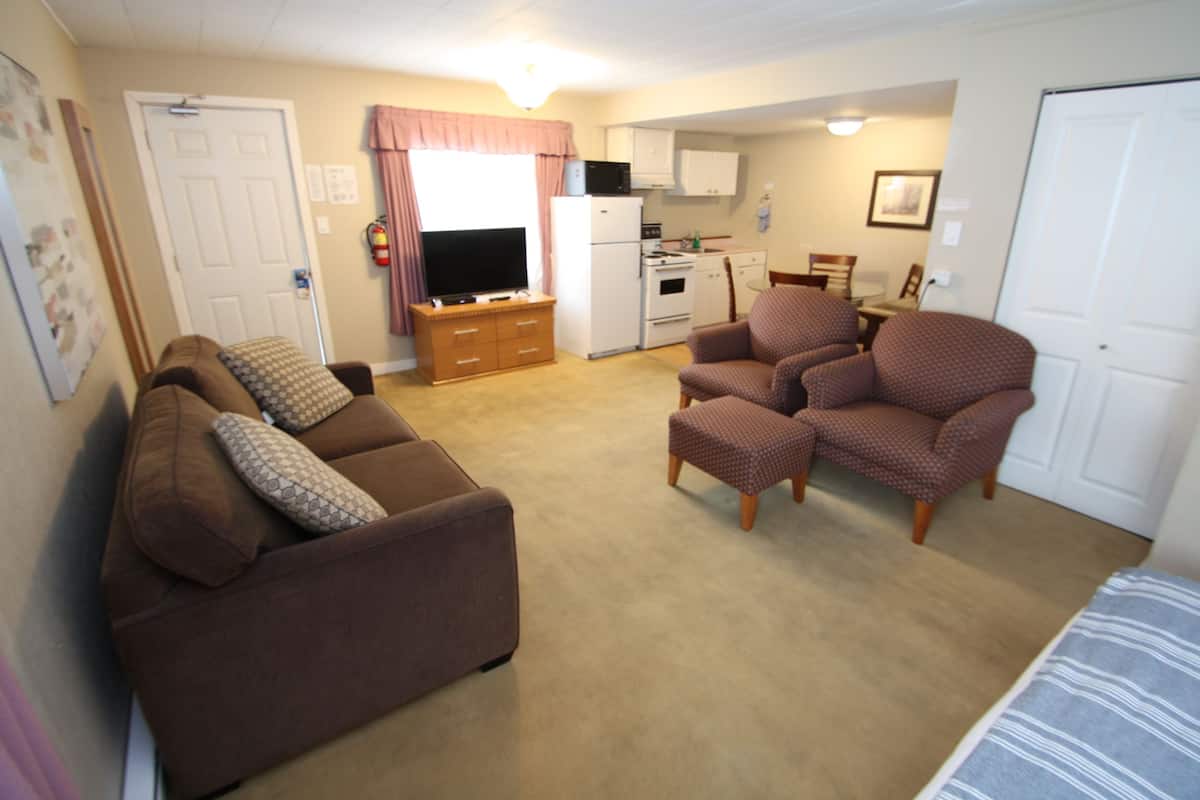 A compact living space with a sofa, two armchairs, a television, a kitchenette, and a door.