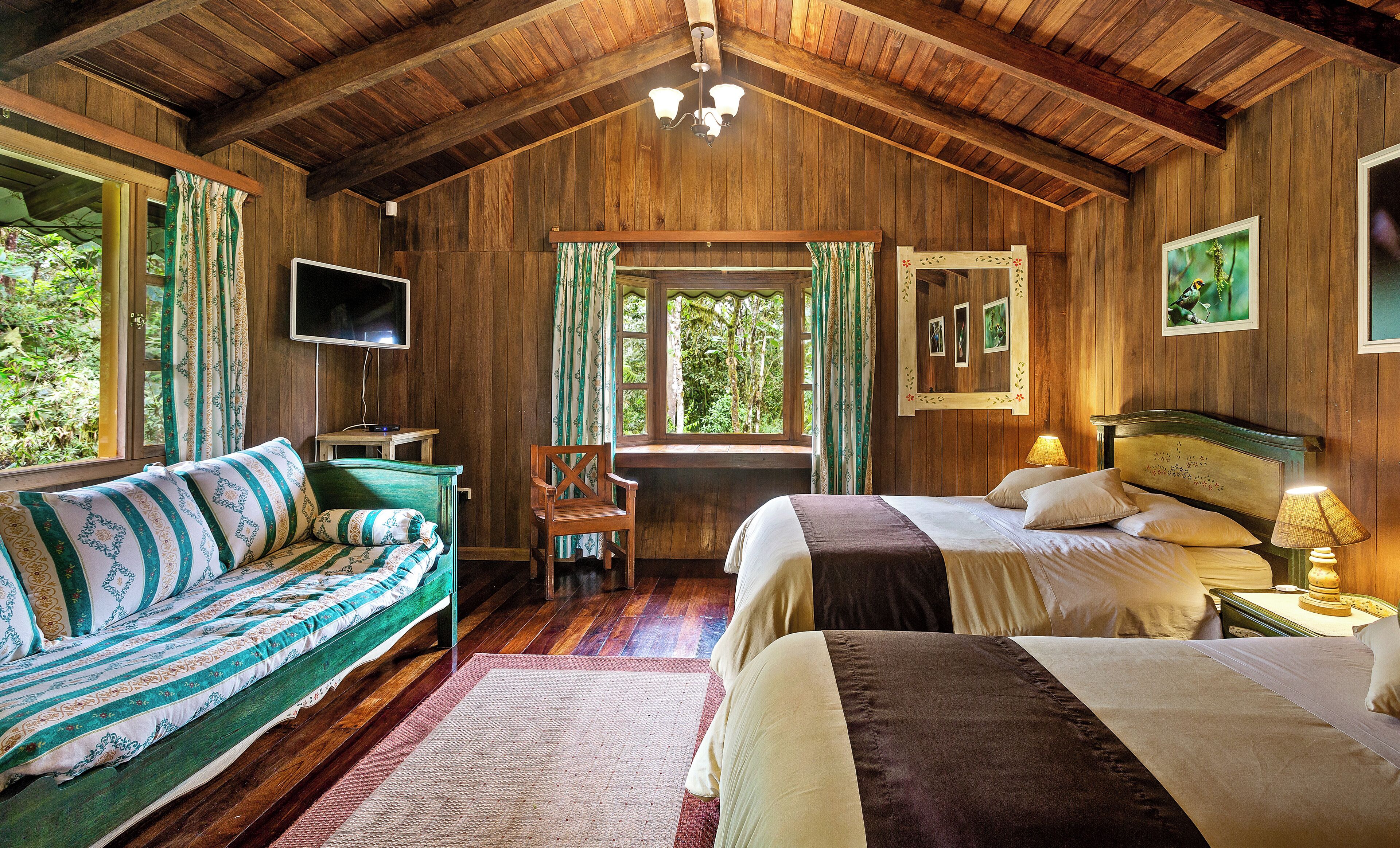 A wooden cabin bedroom with a sofa, two beds, a TV, and a window with a view of trees.