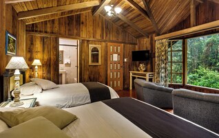 Habitación de cabaña de madera con dos camas, un sofá, un televisor y una ventana con vista al bosque.